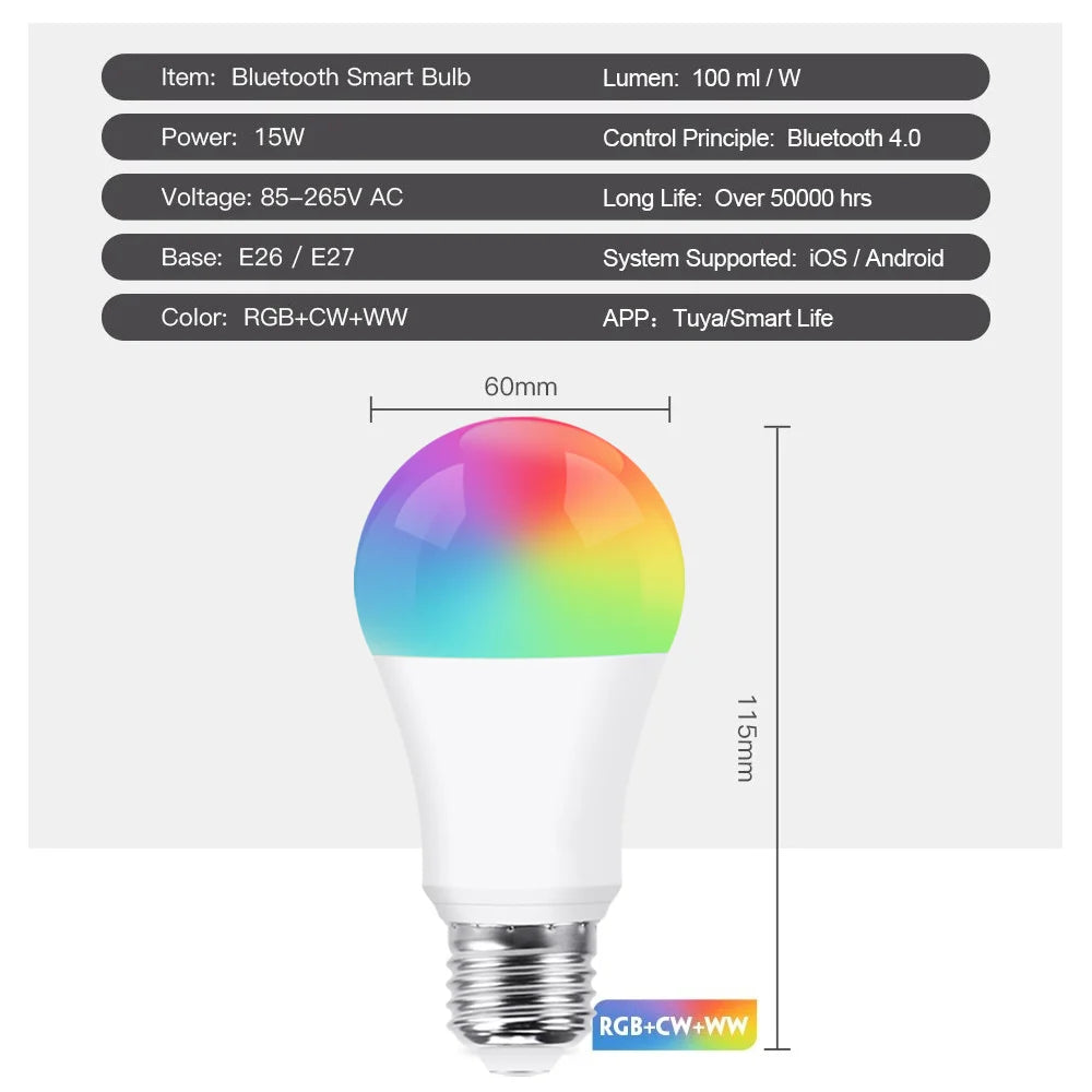 Bluetooth Smart LED Bulb Tuya Light Bulbs AC 85-265V Dimmable Spotlight Bulb 15W E27 RGB+CW+WW LED Color Change Lamp for Home